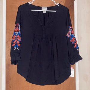 New Medium Black Long Sleeve Blouse with Design on Sleeve.